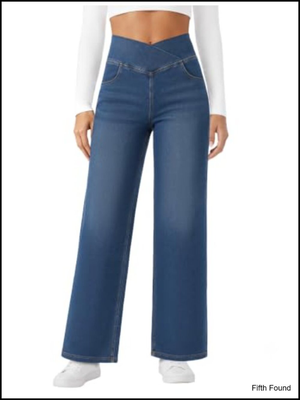 Wide Leg High Waist Crossover Stretchy Pull On Denim Jeans Pants